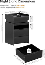 Turosur Black Night Stand with Charging Station,Wood Nightstand with 2 Drawers Modern Style, LED Lights Wooden End Tables with Sliding Top Open Storage Shelf Bedside Table for Living Room Bedroom Turosur