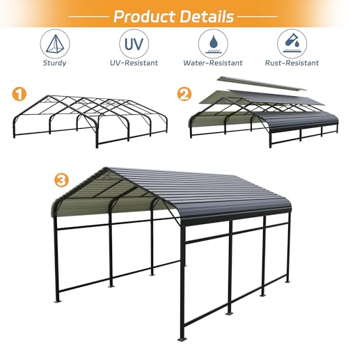 Patiowell 10'x15' Metal Carport, Heavy Duty Carport Canopy with Reinforced Frame and Galvanized Steel Roof, All-Weather Outdoor Car Shelter for Car, Truck, Boat and Tractor, Black Patiowell