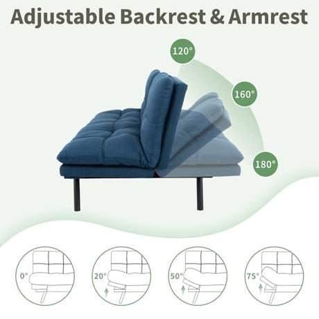 MUUEGM 71-Inch Futon Sofa Bed, Convertible Loveseat Sleeper | Modern Blue Linen Fabric | Adjustable Couch for Living Room & Small Spaces MUUEGM