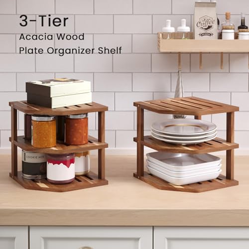 VERTORGAN 3 Tier Acacia Wood Corner Shelf,Dish Drying Rack,Plate Organizer,Kitchen Spice Rack for Countertop and Cabinet,Pantry Organization and Storage VERTORGAN