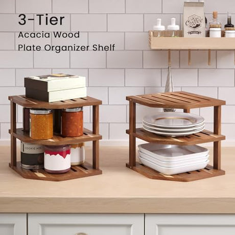 VERTORGAN 3 Tier Acacia Wood Corner Shelf,Dish Drying Rack,Plate Organizer,Kitchen Spice Rack for Countertop and Cabinet,Pantry Organization and Storage VERTORGAN
