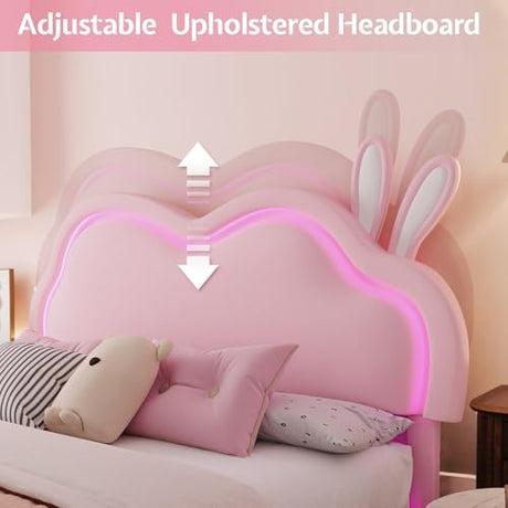AMERLIFE Floating Queen Bed Frame with Adjustable RGB LED Headboard, Leather Upholstered Platform Bed for Kids/Girls,Wood Slats Support, No Box Spring Needed, Easy Assembly, Pink AMERLIFE