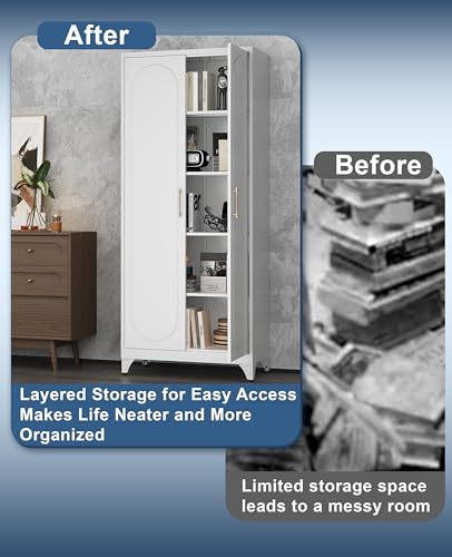75" Tall Metal Storage Cabinet with 2 Doors and 4 Adjustable Shelves, Heavy Duty Steel Pantry Cabinet for Home Office, Kitchen, Garage and Laundry Room, White METALOONG