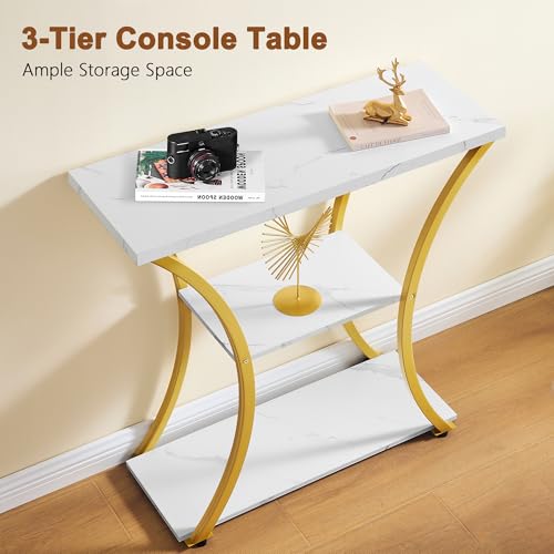 Hoctieon 3 Tier Console Table with Open Wood Shelves, Decorative Entryway Table with Curved Metal Frames, Narrow Sofa Table for Entrance, Living Room, Hallway, Gold and White Marbled Hoctieon