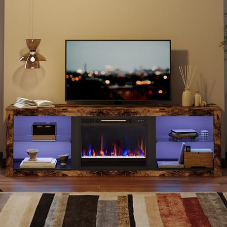 Bestier 70 Inch Fireplace TV Stand for TV up to 75", LED Entertainment Center with 23" Electric Fireplace Media Console Table for Living Room with Glass Shelves, Rustic Brown Bestier