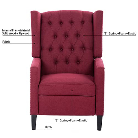Push Back Recliner Chair,Easy Chairs for Small Spaces,Comfy Armchair,Reading Recliner Chairs for Adults,Living Room Accent Chair, Wingback and Rivets Design for Modern Recliner Chair (Red) NITYASUNDARA