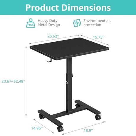 WINAZ Small Portable Standing Rolling Desk - 24 Inch Mobile Sit Stand Desk Adjustable Height with Wheels for Small Spaces Home Office, Kids Couch Laptop Desks Side End Table, Black WINAZ