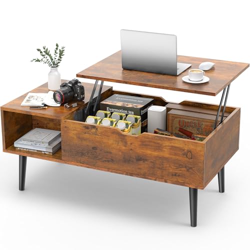 Sweetcrispy Coffee Table Brown, Lift Top Coffee Tables for Living Room, Small Rising Wooden Dining Center Tables with Storage Shelf and Hidden Compartment - WoodArtSupply