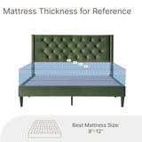 KISLOT Full Size Bed Frame, Velvet Upholstered Platform Bed Mattress Foundation, with Vertical Channel Tufted Wingback Headboard, Strong Wood Slat, No Box Spring Needed, Green KISLOT