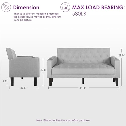 TYBOATLE 62" W Loveseat Sofa w/ 2 USB Charger Ports and 2 Cupholders, Mid-Century Modern Tufted Linen Fabric Small Love Seat Couches for Compact Living Room, Bedroom, Apartment, Dorm (Light Grey) TYBOATLE