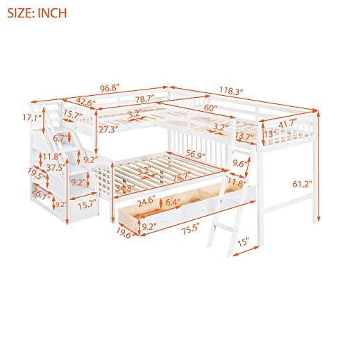 Harper & Bright Designs L Shaped Corner Bunk Bed Twin Over Twin Over Full Triple Bunk Beds with Stairs and 3 Storage Drawers for Kids Teens Adults (White) Harper & Bright Designs