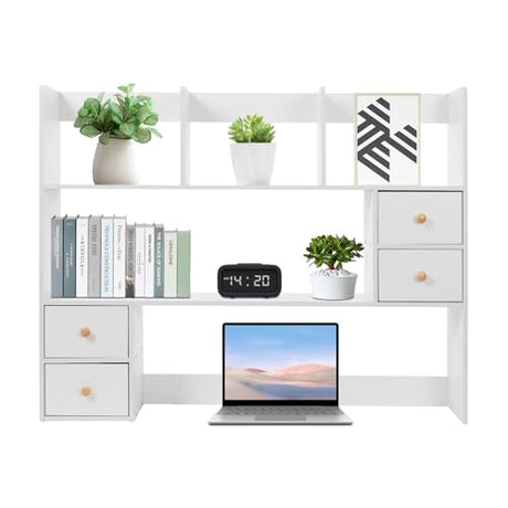 Desk Hutch, Desktop Hutch with 8 Shelves & 4 Drawers, Vanity Desk with Hutch Top Only, Extendable Small Desk Shelf for Top of Desk, Desktop Bookcase Bookshelf for Home Office Generic