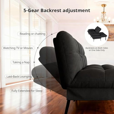 COMHOMA Convertible Futon Sofa Bed, 72″Fabric Futons Couch with Adjustable Backrest, Folding Sleeper Recliner for Living Room Furniture (Black) COMHOMA