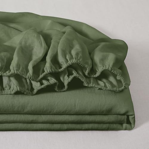 ATLINIA 100% Linen Fitted Sheet Mattress Cover - 1 Piece Stone Washed 15 Inch Deep Pocket Made from French Pure Flax Breathable Farmhouse Bedding(Green,King) ATLINIA