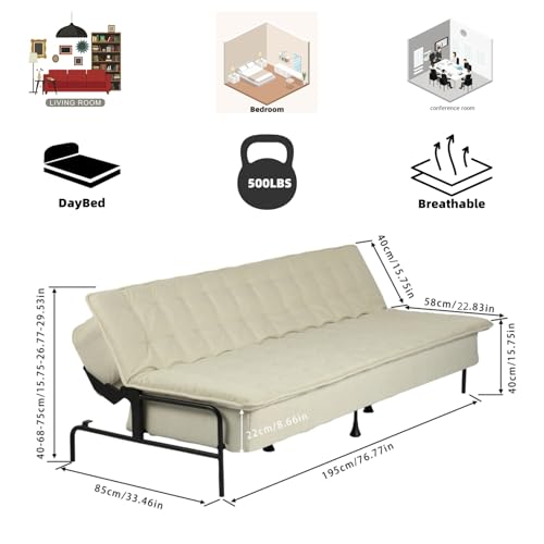 Homy Casa Modern Beige Futon Sofa Bed, 3-Position Adjustable Backrest, Metal Frame, Capacity 500 lbs, Convertible Daybed for Living Room/Guest Room/Studio Apartment Homy Casa