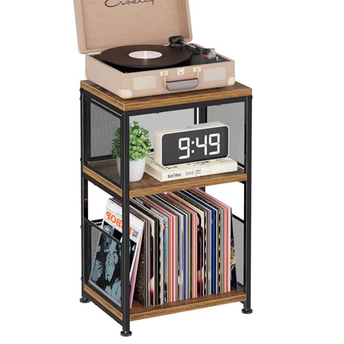 Simple Trending Record Player Stand, Turntable Stand with Vinyl Record Storage, 3 Tiers Side Table Hold Up to 100 Albums, Rustic Brown Simple Trending