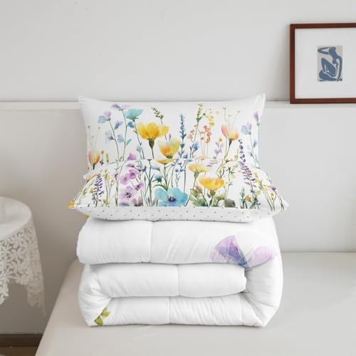 Erosebridal Spring Flower Comforter Set Twin Size, Beautiful Floral Bedding Set Natural Botanical Wildflower Quilt Rustic Farmhouse Duvet Insert for Teens Adult Women Bedroom, Aesthetic Decor Erosebridal