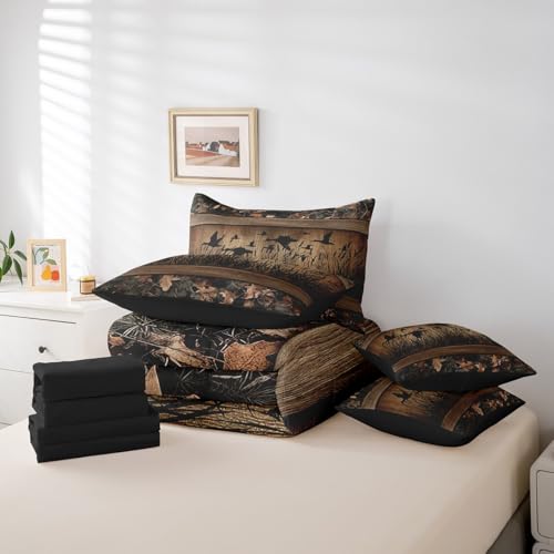 Erosebridal 7 Piece Camo Mallard Duck Comforter Set with Sheets for Kids Boys Men Rustic Farmhouse Cabin Bed in A Bag Queen,Hunting Woodland Duck Bedding Set Country Wood Board Animal Bed Set Erosebridal
