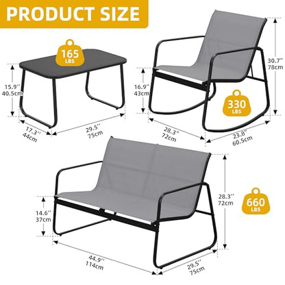 DWVO 4 Piece Patio Furniture Set, Outdoor Conversation Sets for Patio, Lawn, Garden, Poolside with Rocking Chair Set of 2 and Glass Coffee Table - Grey - WoodArtSupply