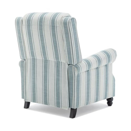 Qatiby Pushback Recliner Chair, Comfy Fabric Wingback Recliner Chair, Upholstered Armchair Push Back Recliner with Wood Legs, Rivet Trim Single Sofa Accent Chair for Living Room, Bedroom, Blue Stripe Qatiby