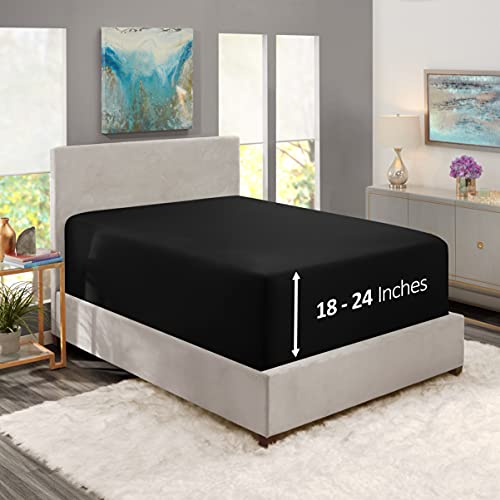 Hearth & Harbor Extra Deep Pocket California King Fitted Sheet - Fits 18 to 24 Inch Mattress – Ultra Soft 1800 Microfiber, Wrinkle-Free & Breathable – Hotel Luxury Fitted Sheet Only, Black Hearth & Harbor