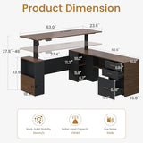 JOMEED 63" L Shaped Electric Standing Desk with Storage, Executive Adjustable Height with Power Outlets and Privacy Panel,Brown and Black JOMEED