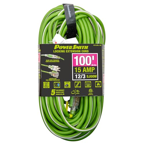 PowerSmith Heavy Duty Extension Cord 100 ft 12/3 Lighted Locking Outdoor SJOOW Rubber Jacket, 5 Year Warranty POWERSMITH
