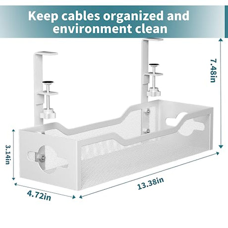 Under Desk Cable Management Tray No Drill, 13.38'' Metal Tray with Clamp for Wire Management, Litwaro Cord Organizer Home Office Damage to Standing Desk, White Litwaro