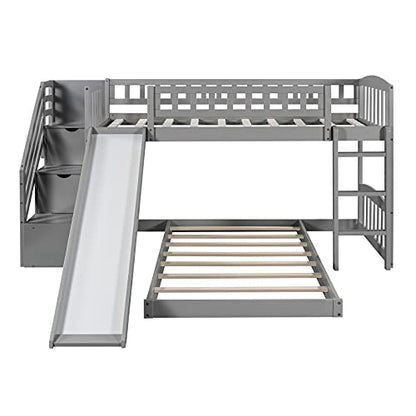 Twin over Twin Low Bunk Bed Frame with Slide and Storage Drawers for Kids - Grey - WoodArtSupply