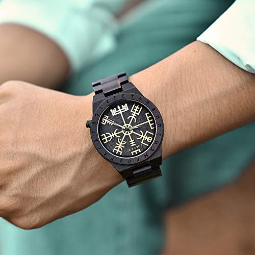 BOBO BIRD Handmade Wooden Mens Watch Unique Runic Circle Watches Golden Symbol of Vegvisir Watches Lightweight Fashion Quartz Wristwatch (Brown Black) BOBO BIRD