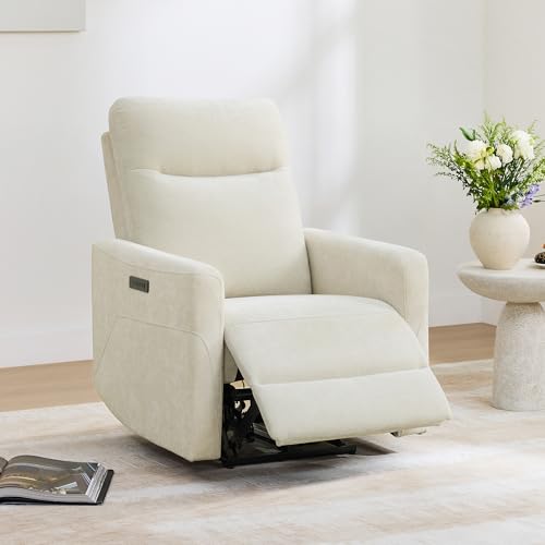 CHITA Power Recliner Chair for Adults, Electric Zero Clearance Wall Hugger Recliner for Small Spaces, Modern Living Room and RV Recliner Chair with Adjustable Power Headrest & Charging Ports, Cream