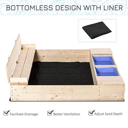 Outsunny Kids Wooden Sandbox w/Two Plastic Boxes Foldable Bench Seat Waterproof Cover Bottom Liner Storage Space