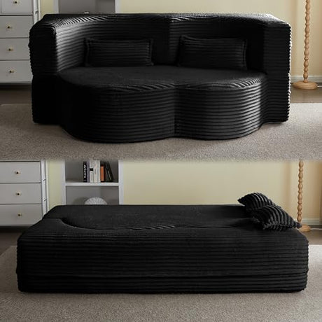 Teddy Fabric 3-in-1 Floor Sofa Bed with 2 Pillows, 15" Full Size Convertible Folding Foam Mattress Couch, No-Assembly Trifold Futon Guest Bed for Living Room, Dorm (Plush Corduroy, Black) Generic