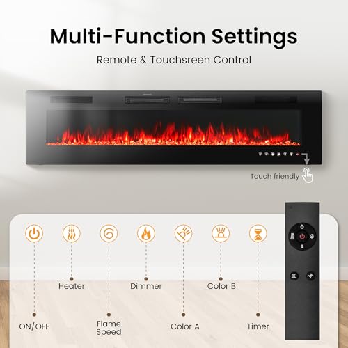 PHI VILLA 72" Electric Fireplace Wall Mounted & Recessed, 3.19" Ultra-Thin Linear Fireplace Electric Heater with Remote Control & Touch Screen, 750/1500W, Low Noise, Timer PHI VILLA