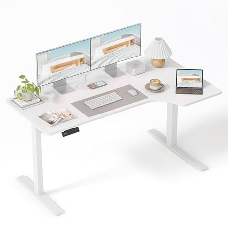 FEZIBO L Shaped Electric Corner Standing Desk, 55×32 inch Home Office & Computer Height Adjustable Table with 4 Memory Height Settings, Ergonomic Sit and Stand Desk with Splice Board, White Top FEZIBO