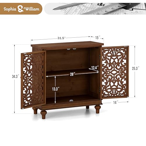 Sophia & William Accent Cabinet with Doors, Distressed Storage Cabinet with Wood Frame and Hollow-Carved Floral Doors for Entryway Living Room, Wood Sophia & William