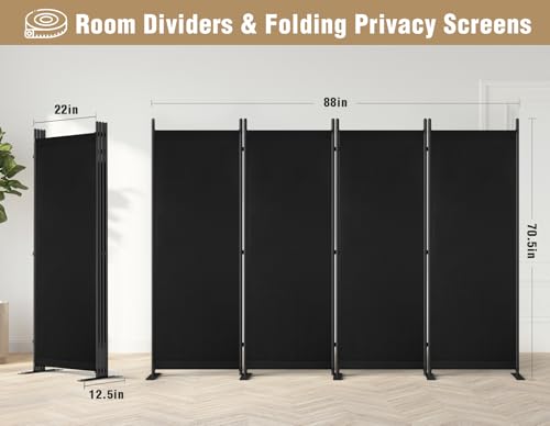 Yettsoy Room Divider 6FT Tall Folding Privacy Partition Screen, 88'' W Portable Wall Divider for Room Separation, Freestanding 4 Panel Room Divider Panel Privacy Screen for Dorm Studio Office, Black Yettsoy