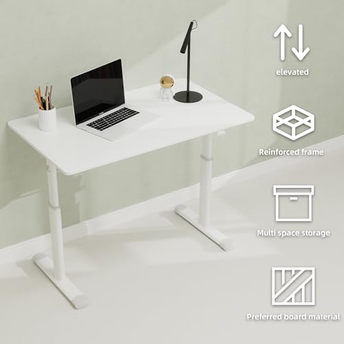Penau Adjustable Height Standing Desk, Manual Crank Sit Stand Computer Desk, Minimalist White Engineered Wood Top, White Iron Double Column Frame, 39.37 x 23.62 x 35.43 Inchs Penau