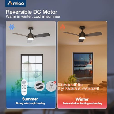 Amico Ceiling Fans with Lights, 44 inch Ceiling Fan with Light and Remote Control, Reversible, 3CCT, Dimmable, Noiseless, Small Black Ceiling Fan for Bedroom, Indoor/Outdoor Use Amico