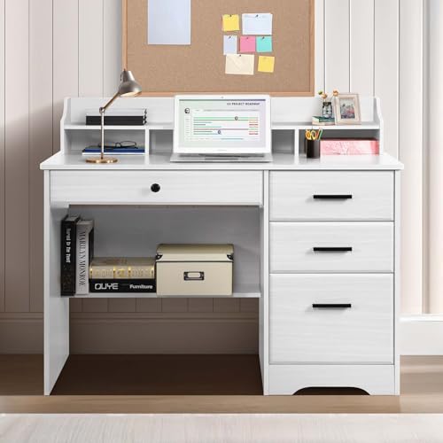 Catrimown Computer Desk with Storage Drawers and Hutch, 44 Inch Home Office Desks with 4 Drawers & Monitor Stand for Small Space, Small White Desk Writing Table Study Desks for Bedroom, White Catrimown