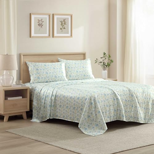 Laura Ashley - Full Size Sheet Set, Crisp & Cool Printed Satin Bedding with a Light and Breathable Feel, 4 Piece Bed Sheets with Deep Pocket Fitted Sheet & Matching Pillowcases (Edwina Blue) Laura Ashley