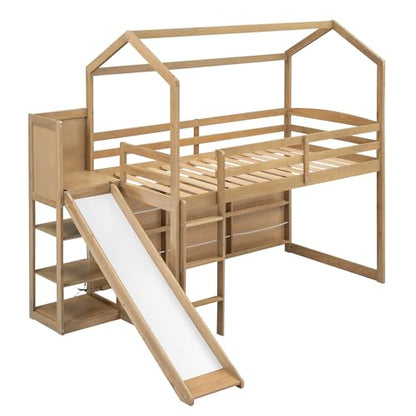 Harper & Bright Designs Kids Twin House Loft Bed with Slide, Storage Shelves, and LED Light - WoodArtSupply