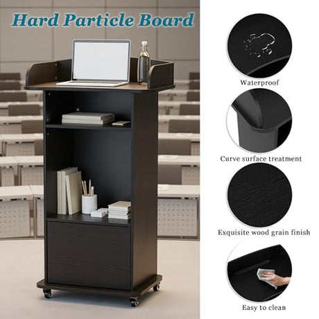 Qriocioa Podium Stand with Metal Wheels Wooden Lectern Podium Stand Portable Pulpit Standing with Storage Mobile Reception Podiums Desk for Church Office School Conference Restaurant Meeting, Black Qriocioa