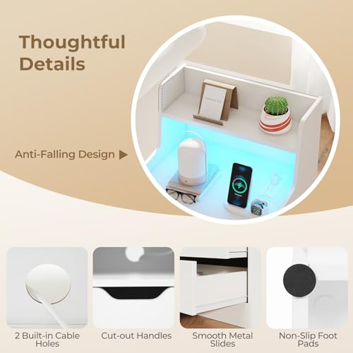 Giantex LED Night Stand with Charging Station, End Side Table w/Open Shelves, 2 Storage Drawers, Cable Holes, Nightstand w/Adjustable Light Color & Mode, Modern Bedside Table for Bedroom (1, White) Giantex