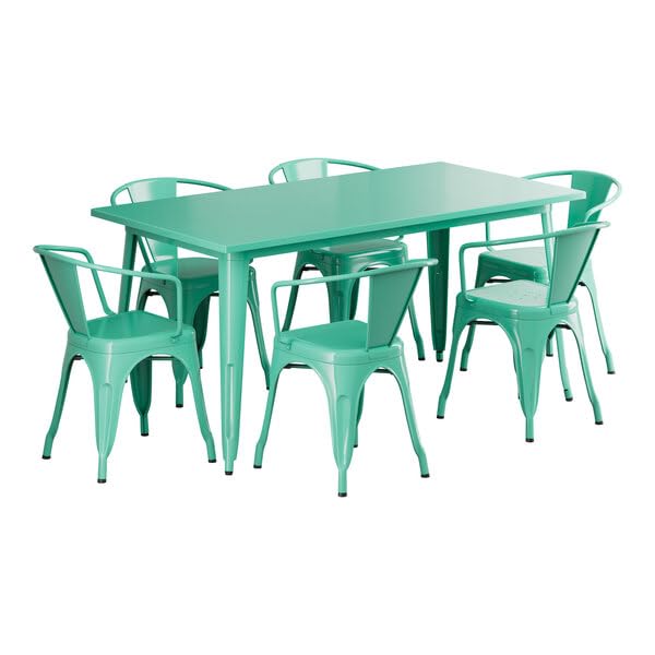 Glownary Outdoor Dining Set, Aquamarine Steel Table with 6 Arm Chairs, 63x31.5 Inch Rectangle, Stackable Chairs, Indoor Outdoor Use Glownary