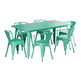 Glownary Outdoor Dining Set, Aquamarine Steel Table with 6 Arm Chairs, 63x31.5 Inch Rectangle, Stackable Chairs, Indoor Outdoor Use Glownary