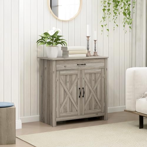 HOMCOM Farmhouse Sideboard Buffet Cabinet, Barn Door Style Kitchen Cabinet, 32" Accent Cabinet for Kitchen, Living Room or Entryway, Gray Wash - WoodArtSupply