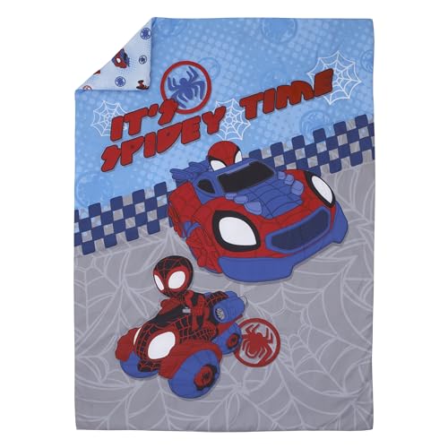 NoJo Marvel Spiderman Spidey and his Amazing Friends Spidey Time Red, Blue, and Grey 4 Piece Toddler Bed Set - Comforter, Fitted Bottom Sheet, Flat Top Sheet, and Reversible Pillowcase NoJo