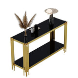 Maotifeys Modern 2-Tier Glass Console Table Luxury Black Tempered Glass Top Sofa Table with Shiny Gold Legs 55" Slim Entryway Hall Tables with Storage Shelf for Living Room Bedroom Maotifeys