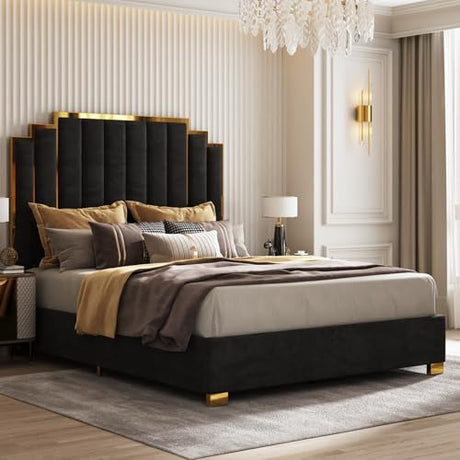 AMERLIFE King Size Upholstered Bed, Modern Velvet Bed Frame with 65.4” Tall Gold Trim Headboard, No Box Spring Needed, Black AMERLIFE